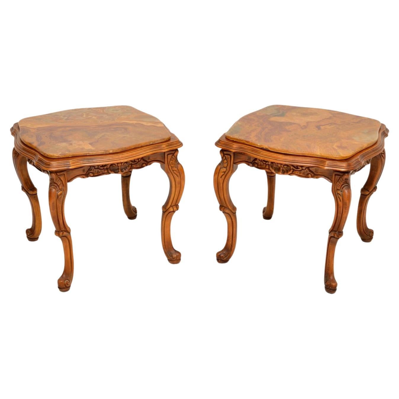 Pair of Antique Italian Walnut & Onyx Side Tables For Sale