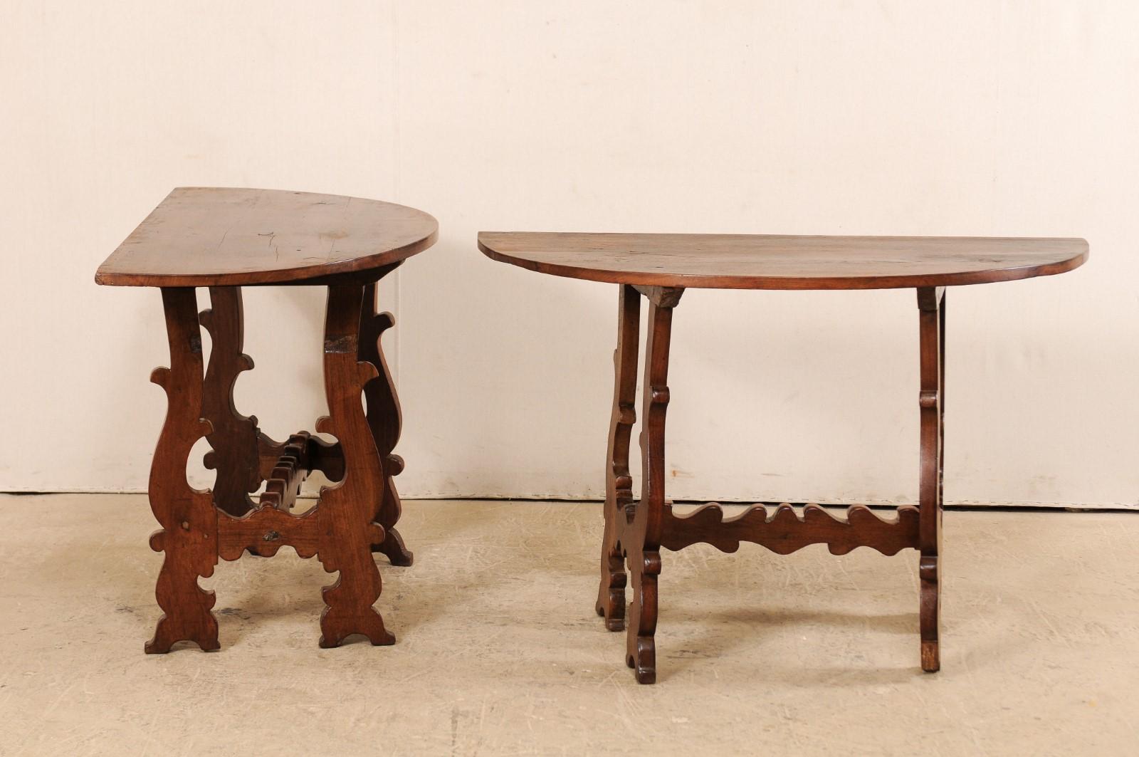 Italian Pair of Shapely-Carved Lyre-Leg Demi-Lune Walnut Console Tables, 19th C. In Good Condition In Atlanta, GA