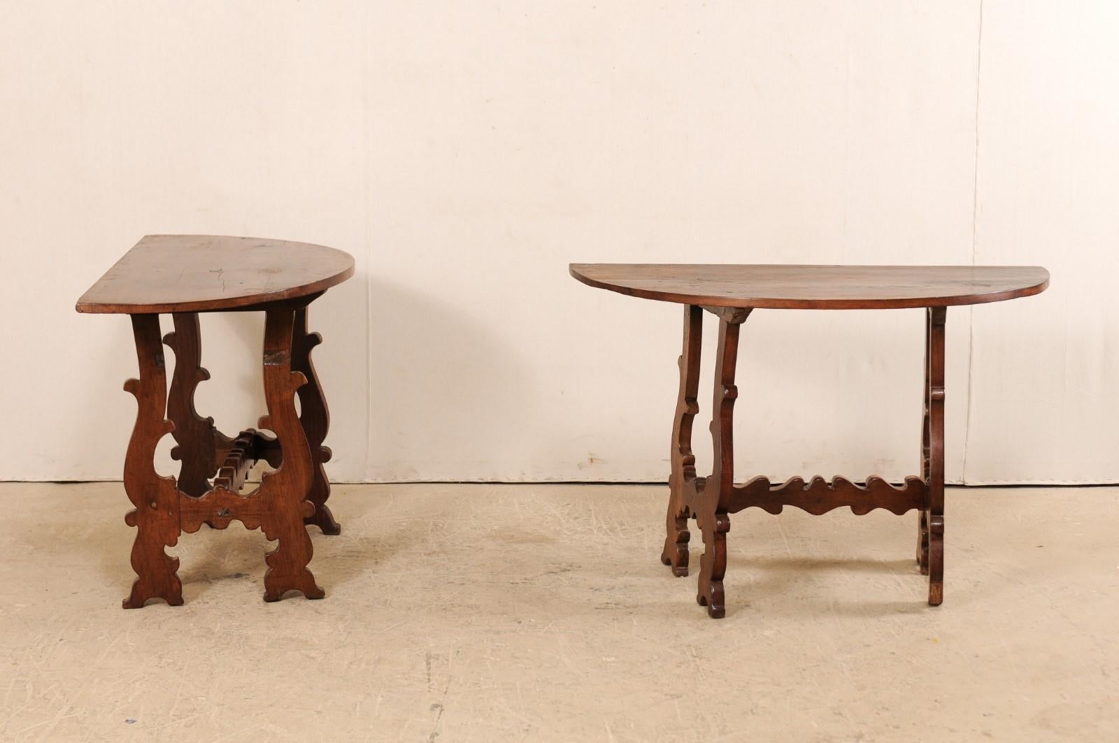 19th Century Italian Pair of Shapely-Carved Lyre-Leg Demi-Lune Walnut Console Tables, 19th C.