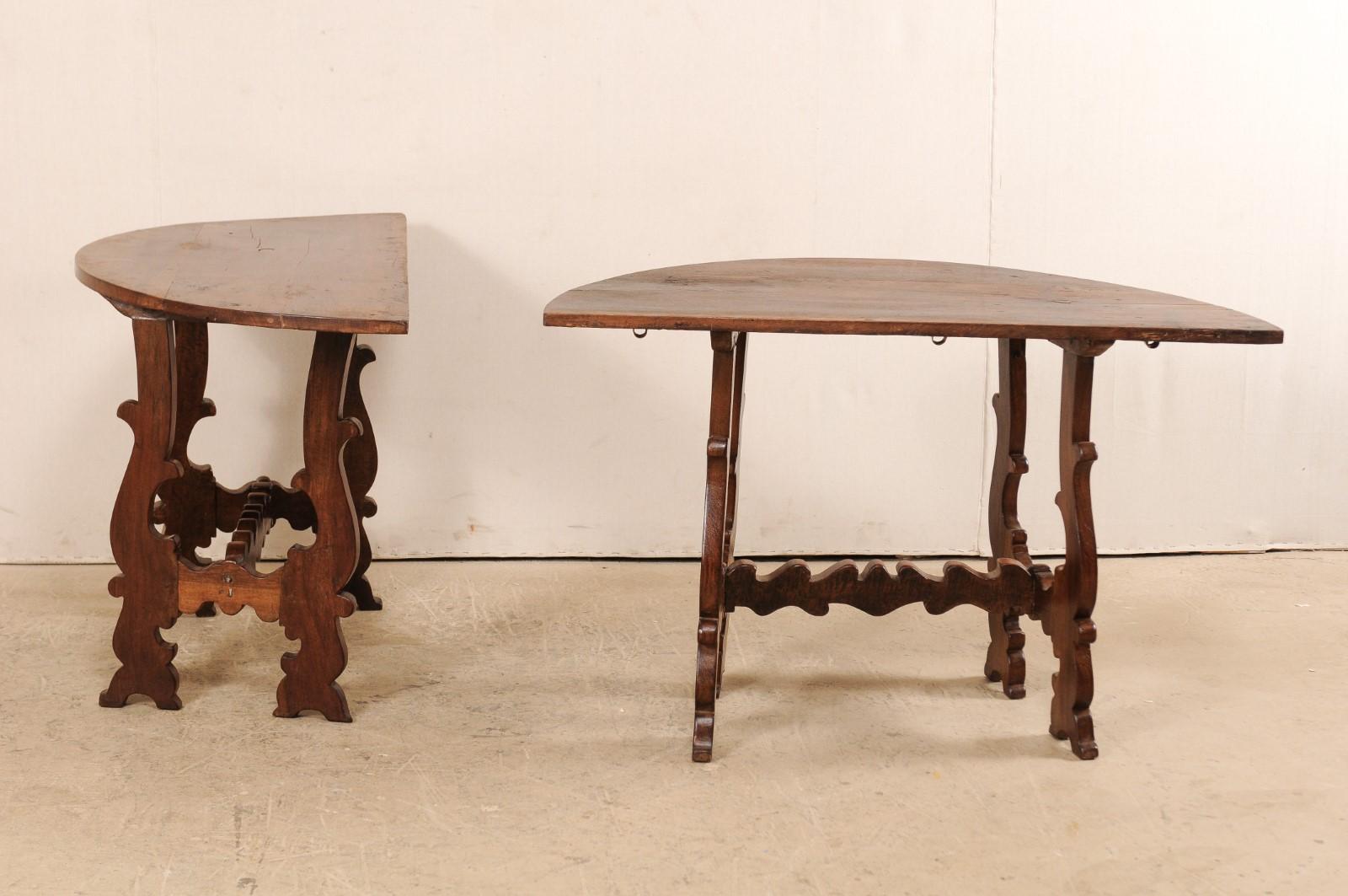 Italian Pair of Shapely-Carved Lyre-Leg Demi-Lune Walnut Console Tables, 19th C. 1