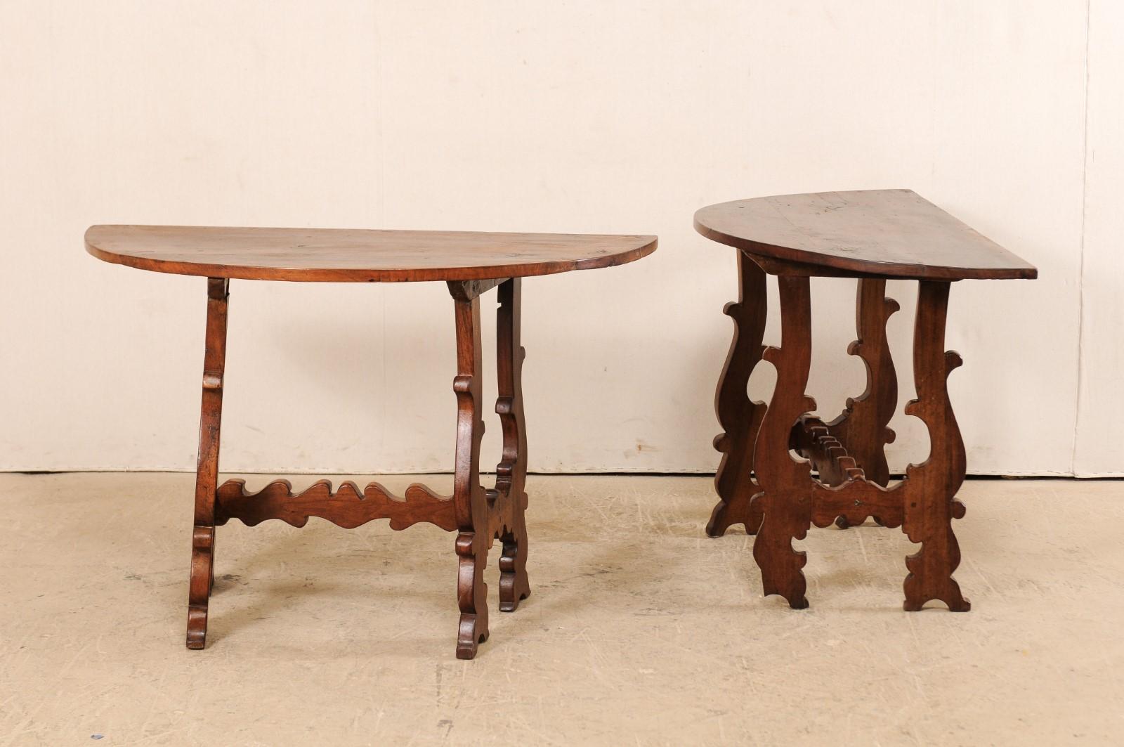 Italian Pair of Shapely-Carved Lyre-Leg Demi-Lune Walnut Console Tables, 19th C. 2