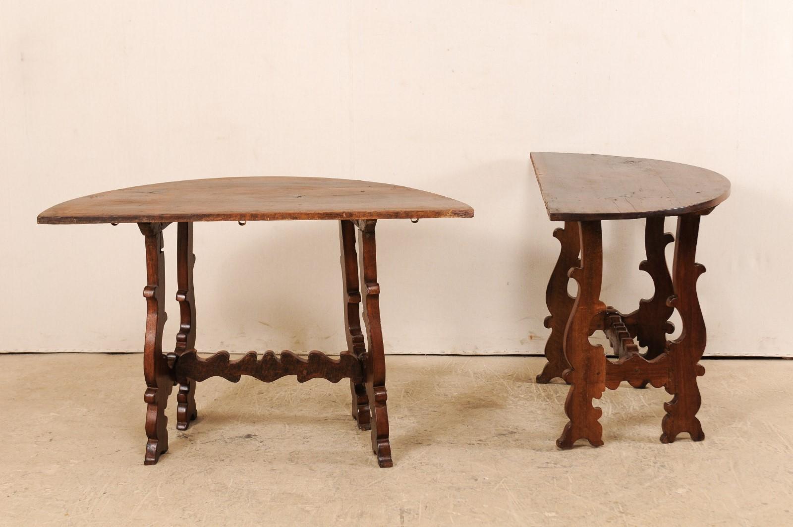 Italian Pair of Shapely-Carved Lyre-Leg Demi-Lune Walnut Console Tables, 19th C. 5