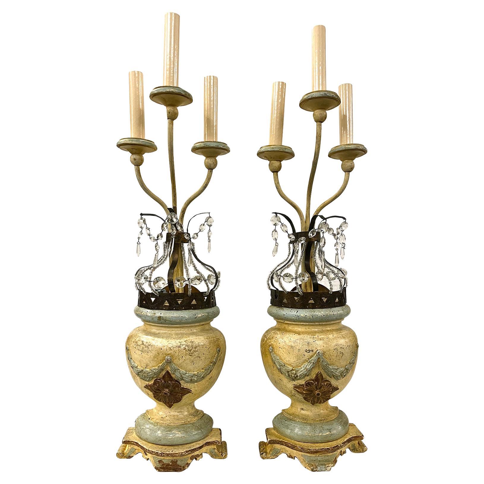Pair of Antique Italian Wood Table Lamps For Sale