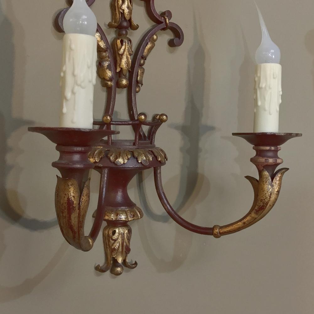 Pair of Antique Italian Wrought Iron and Painted Wood Sconces For Sale 4