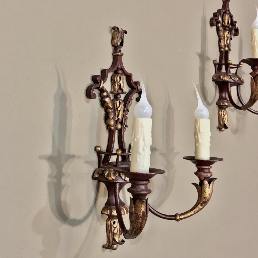 Pair of Antique Italian Wrought Iron and Painted Wood Sconces For Sale 5