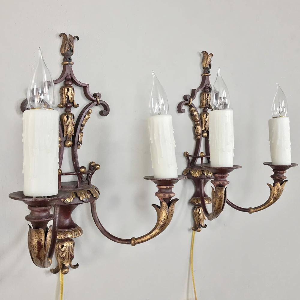 Pair of Antique Italian Wrought Iron and Painted Wood Sconces For Sale 7