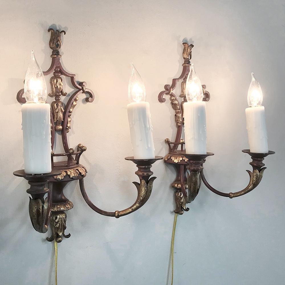Pair of Antique Italian Wrought Iron and Painted Wood Sconces For Sale 8