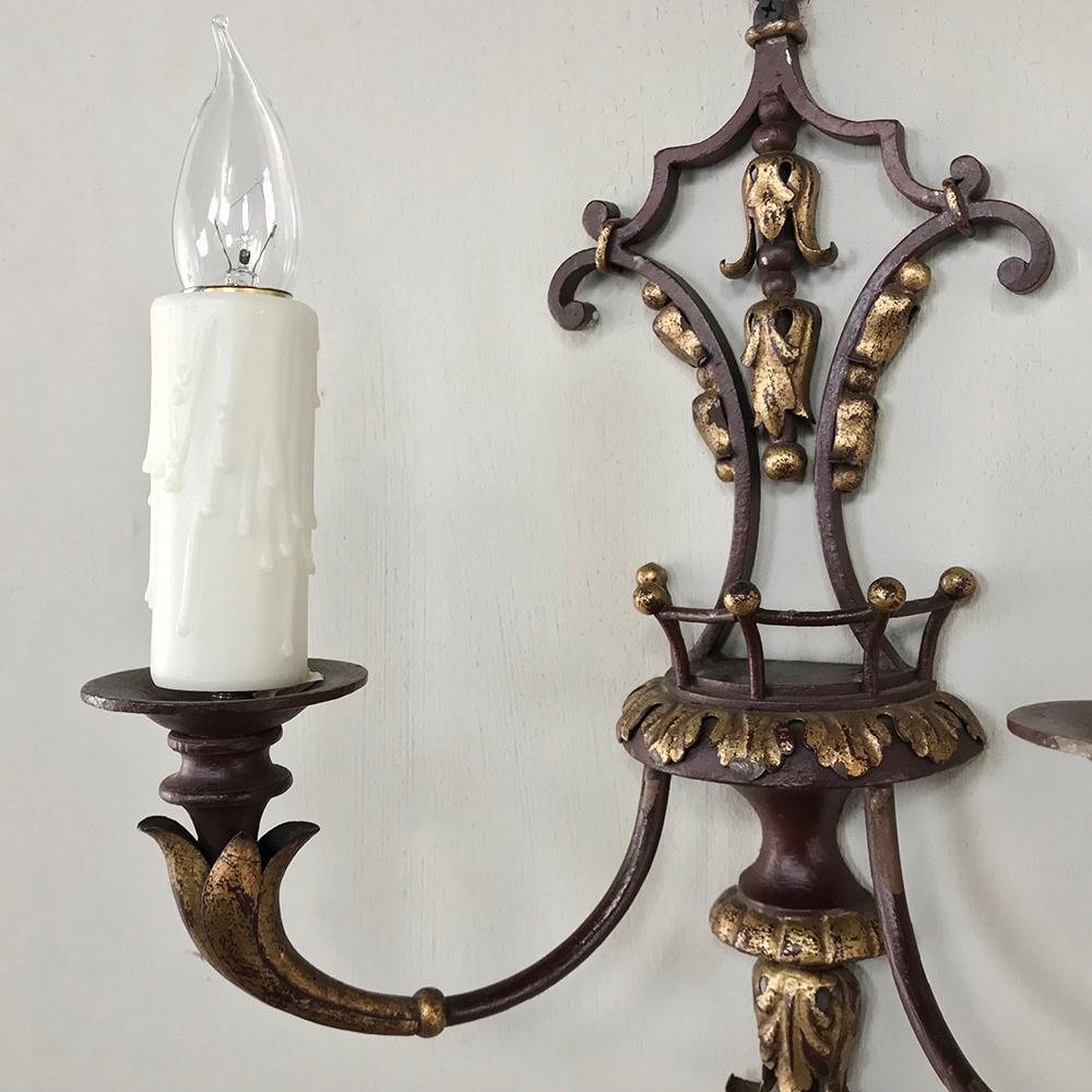 Pair of Antique Italian Wrought Iron and Painted Wood Sconces For Sale 9