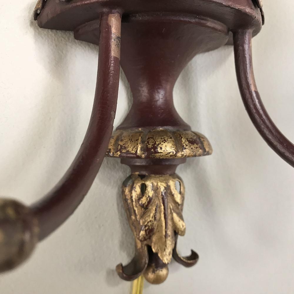 Pair of Antique Italian Wrought Iron and Painted Wood Sconces For Sale 11