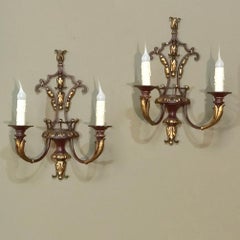 Pair of Antique Italian Wrought Iron and Painted Wood Sconces