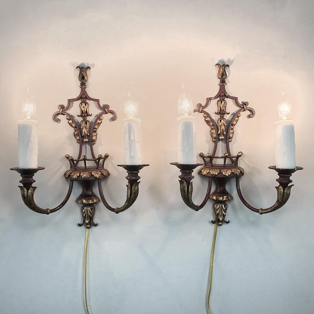 Baroque Revival Pair of Antique Italian Wrought Iron and Painted Wood Sconces For Sale