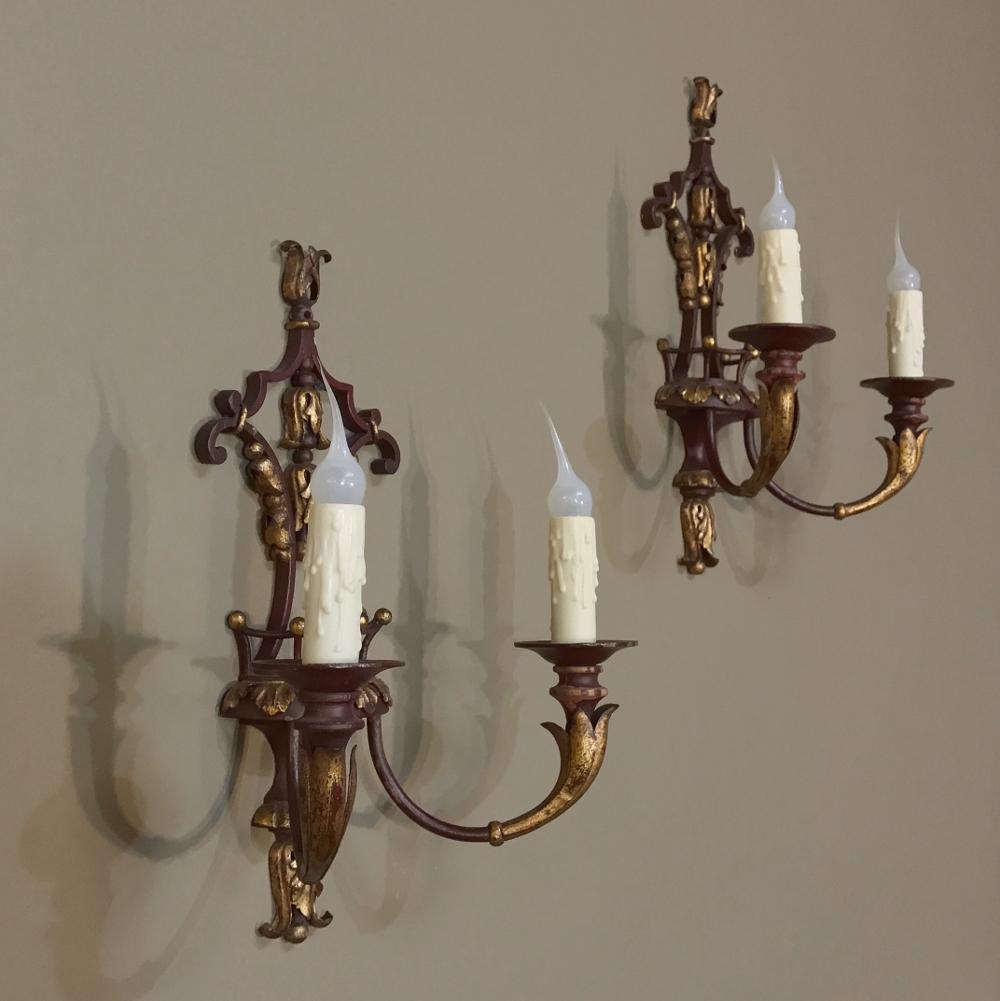 Hand-Crafted Pair of Antique Italian Wrought Iron and Painted Wood Sconces For Sale