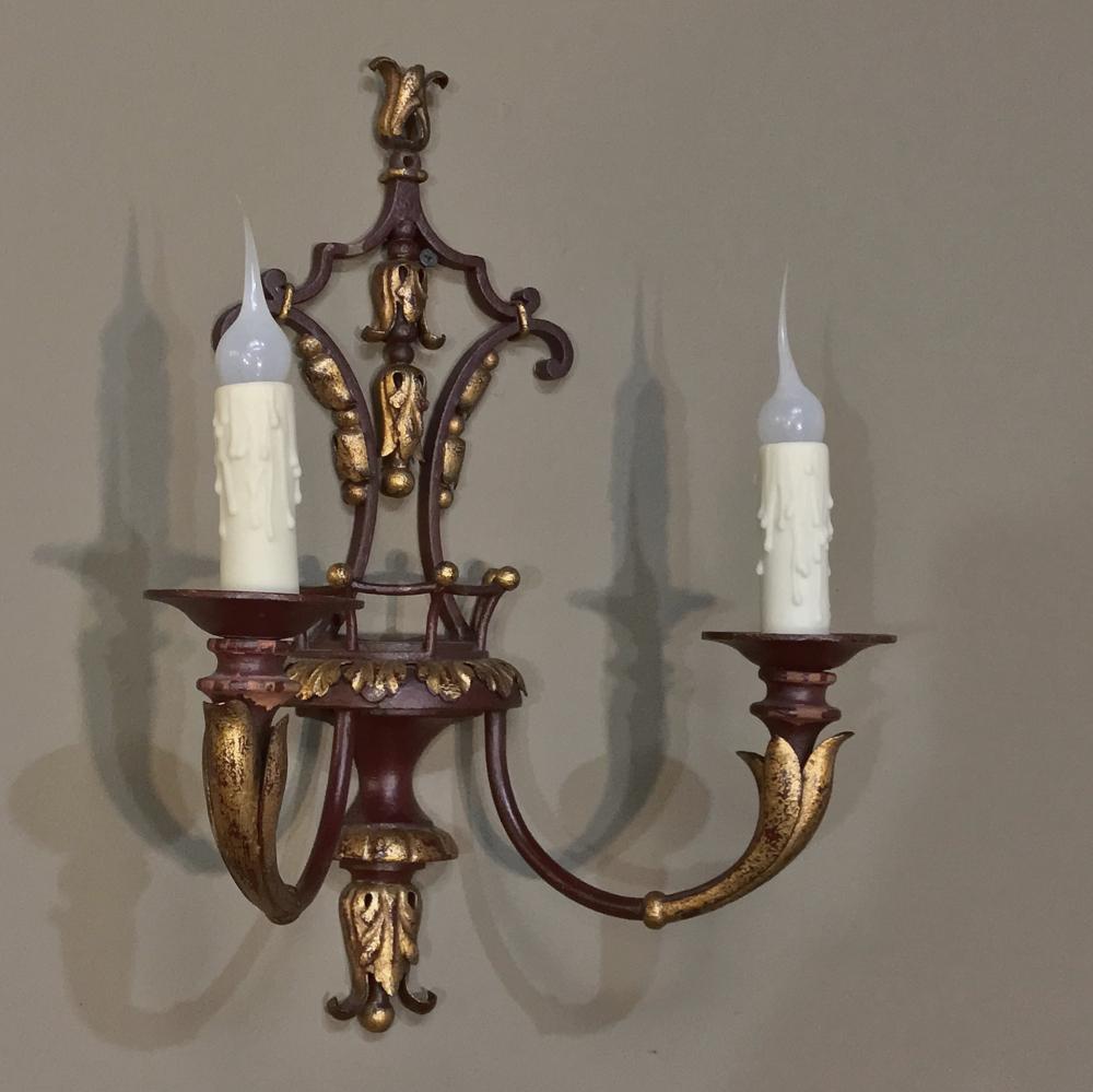 Pair of Antique Italian Wrought Iron and Painted Wood Sconces In Good Condition For Sale In Dallas, TX