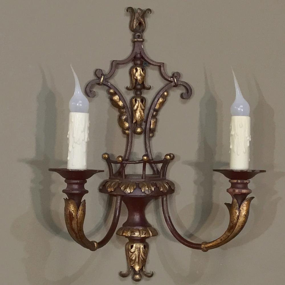20th Century Pair of Antique Italian Wrought Iron and Painted Wood Sconces For Sale