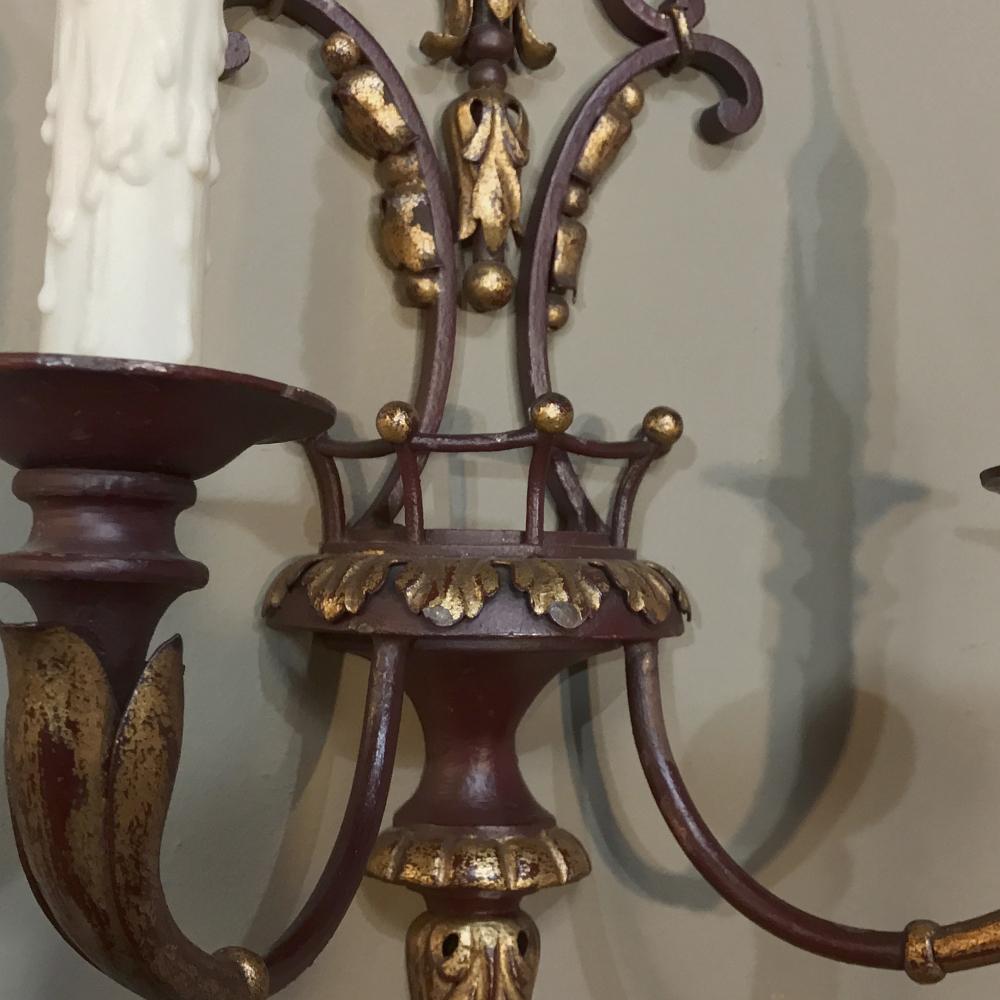 Pair of Antique Italian Wrought Iron and Painted Wood Sconces For Sale 2