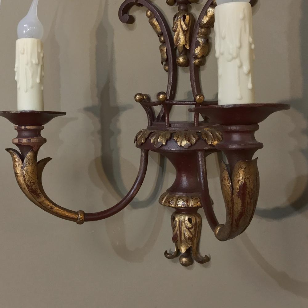 Pair of Antique Italian Wrought Iron and Painted Wood Sconces For Sale 3
