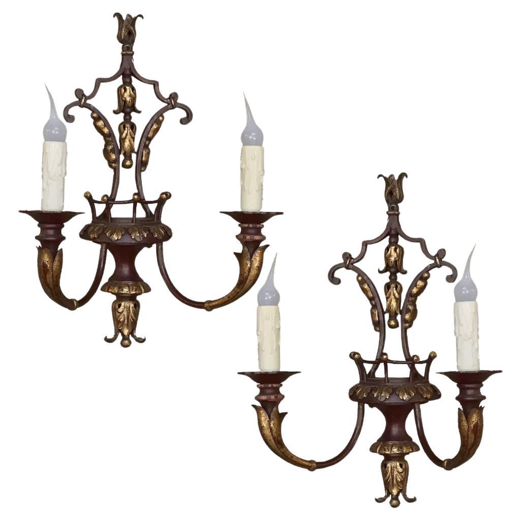 Pair of Antique Italian Wrought Iron and Painted Wood Sconces