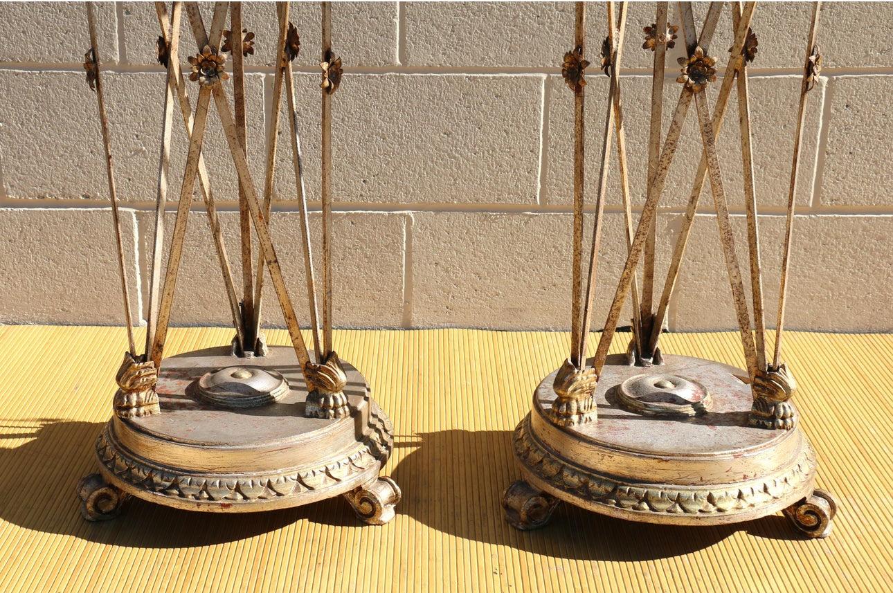 20th Century Pair of Antique Italian Wrought Iron and Silver Leaf Wood Plant Stands/Pedestal For Sale