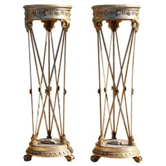 Paire de piédestaux de plantes italiens anciens en fer forgé et bois à feuilles d'argent