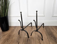 Pair of Antique Italian Wrought Iron Andirons Fireplace Log Holder