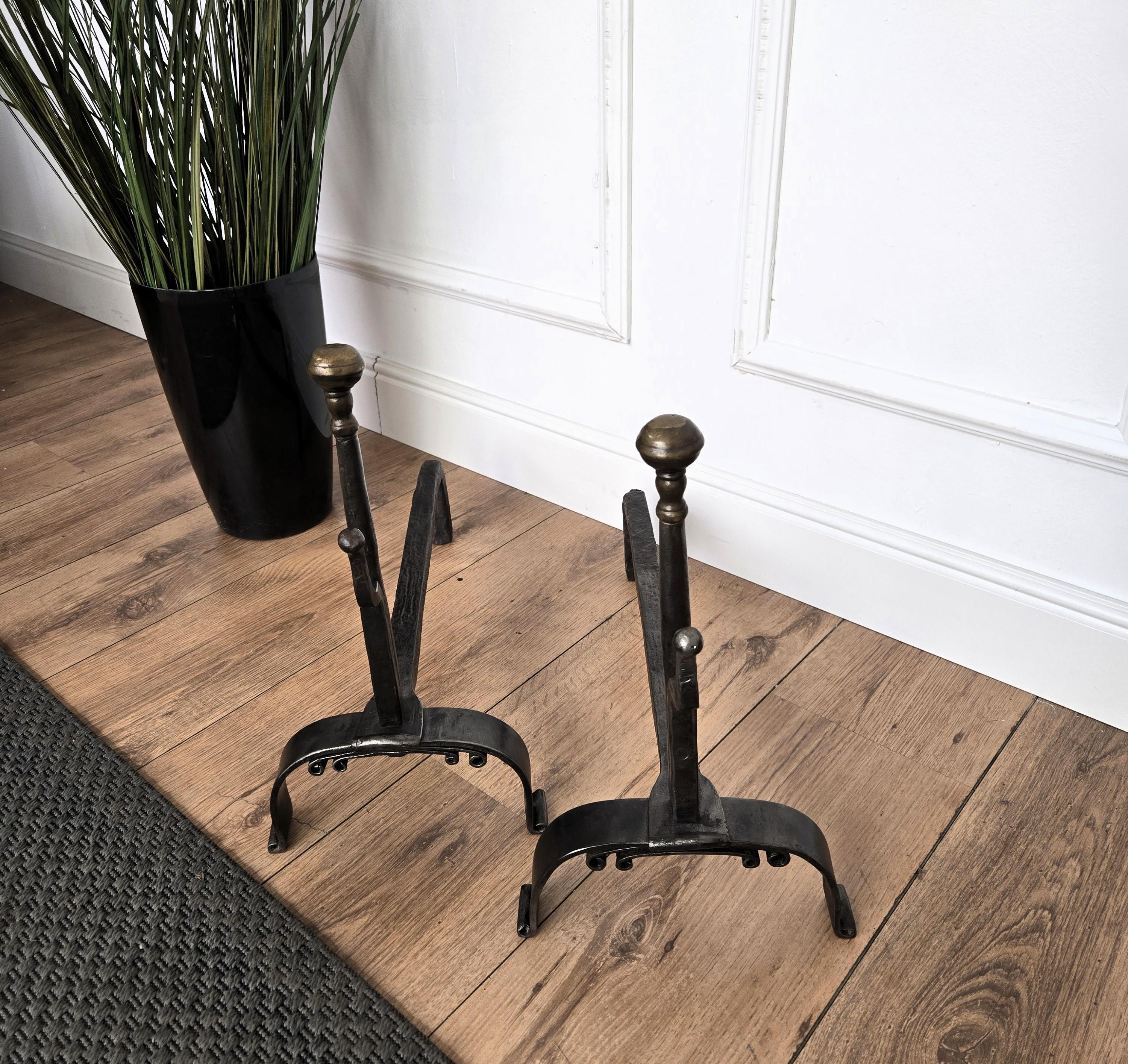 Baroque Pair of Antique Italian Wrought Iron Andirons Fireplace Log Holder For Sale