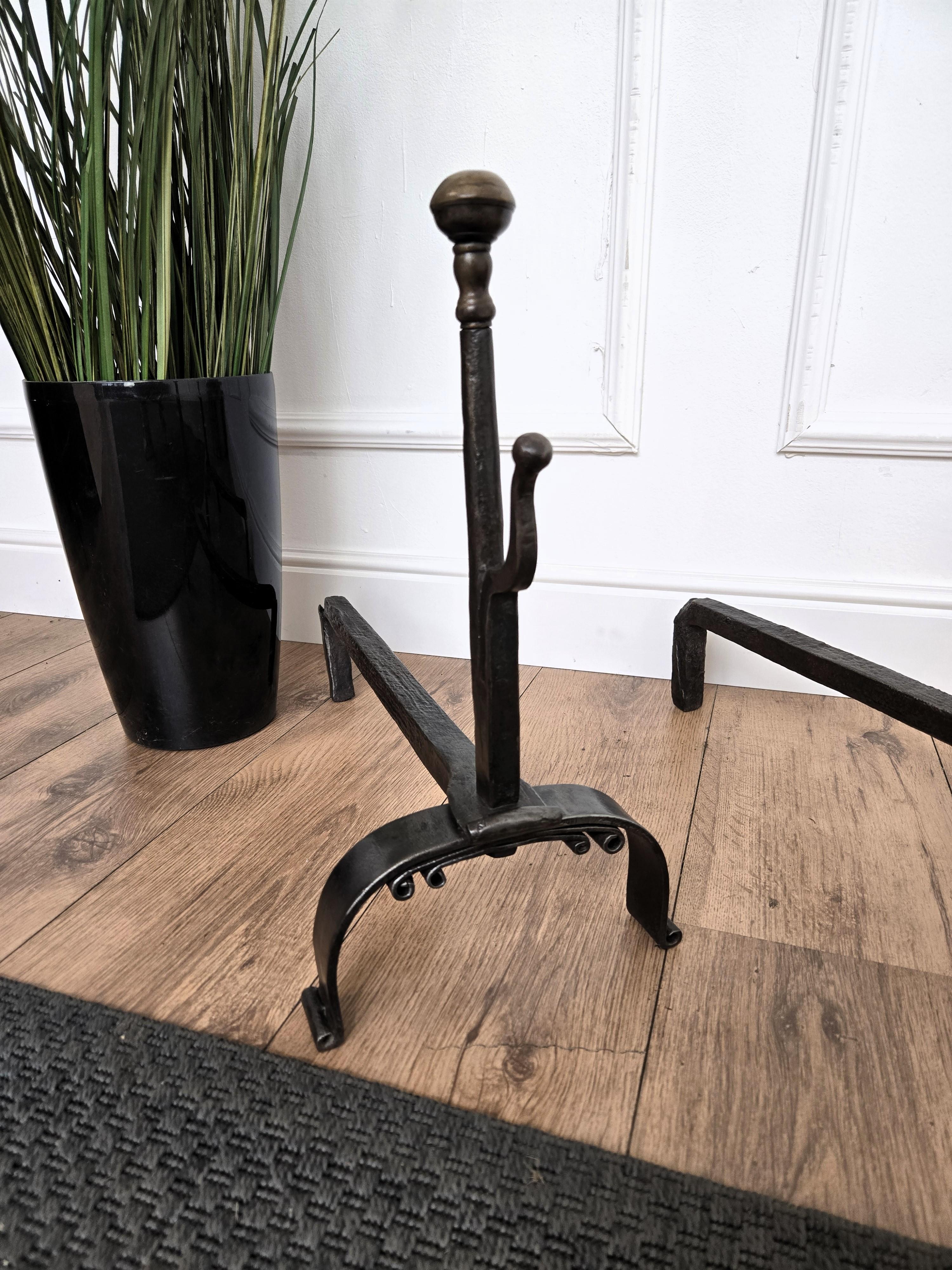 20th Century Pair of Antique Italian Wrought Iron Andirons Fireplace Log Holder For Sale