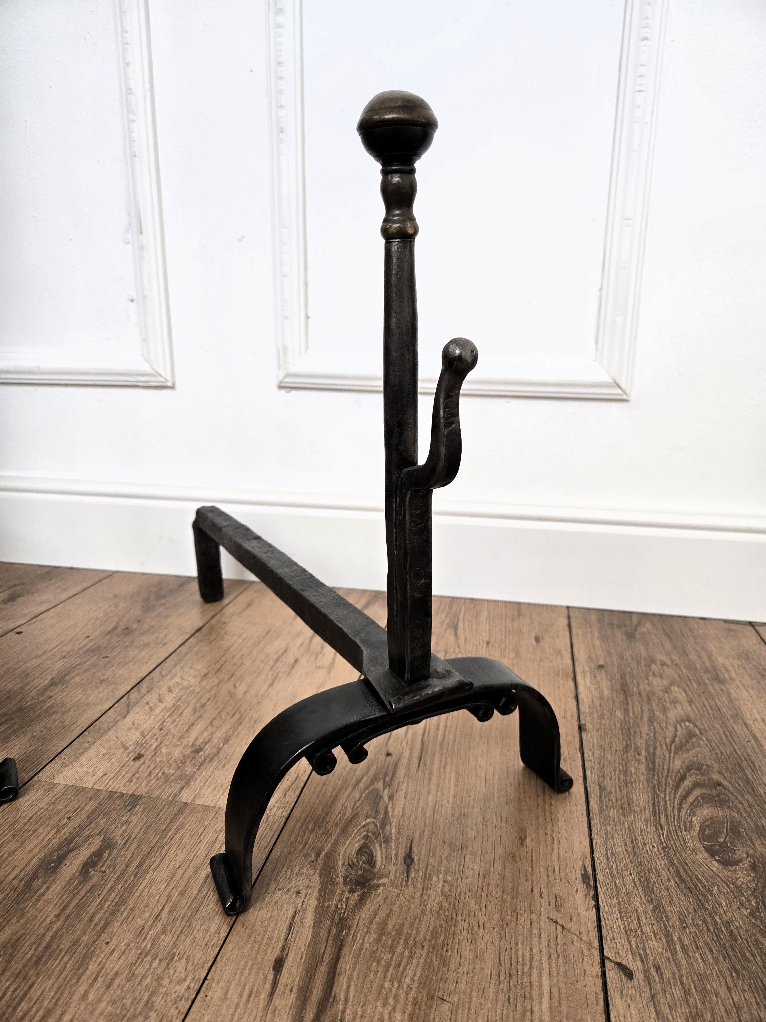 Brass Pair of Antique Italian Wrought Iron Andirons Fireplace Log Holder For Sale