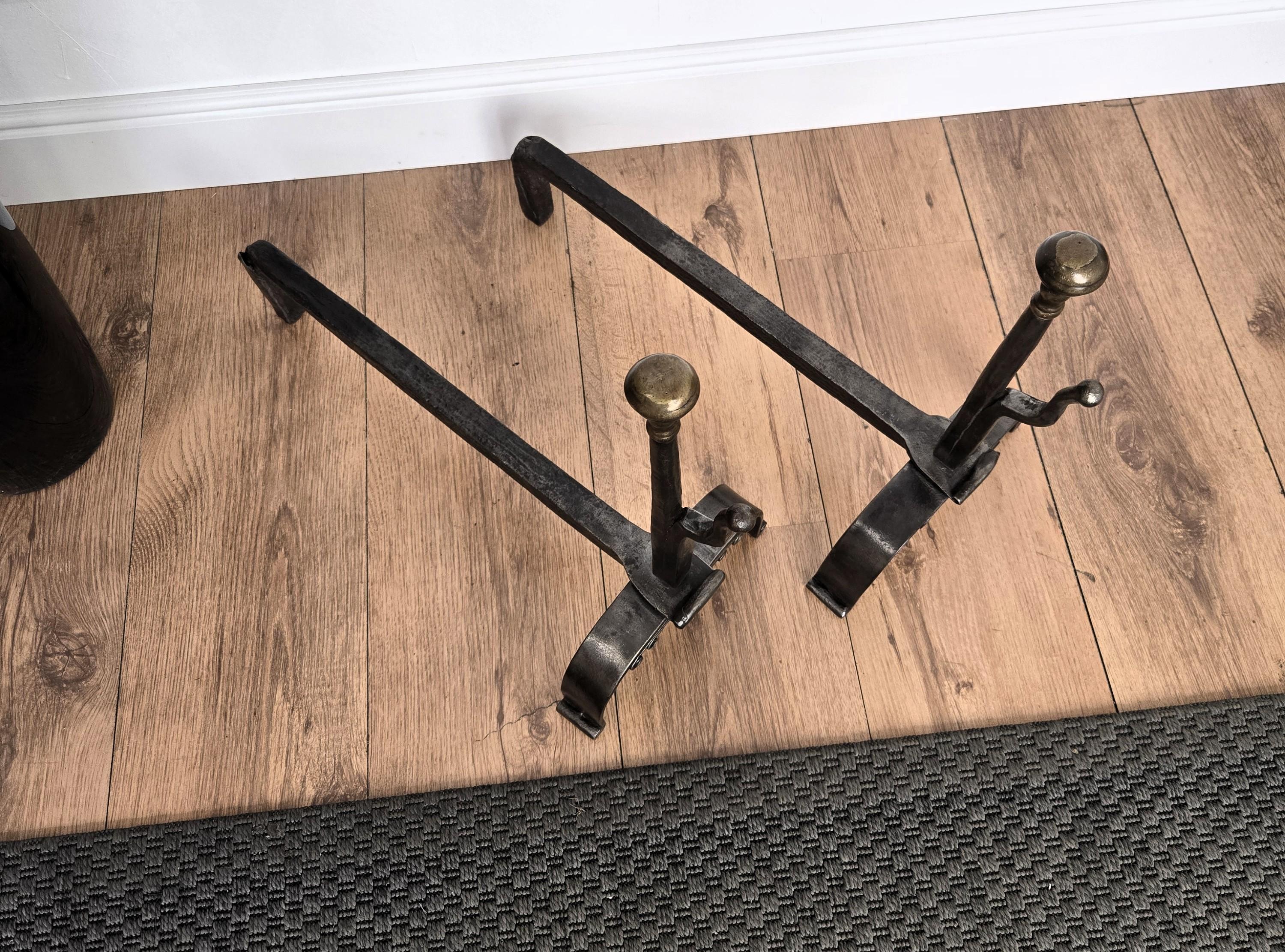 Pair of Antique Italian Wrought Iron Andirons Fireplace Log Holder For Sale 1