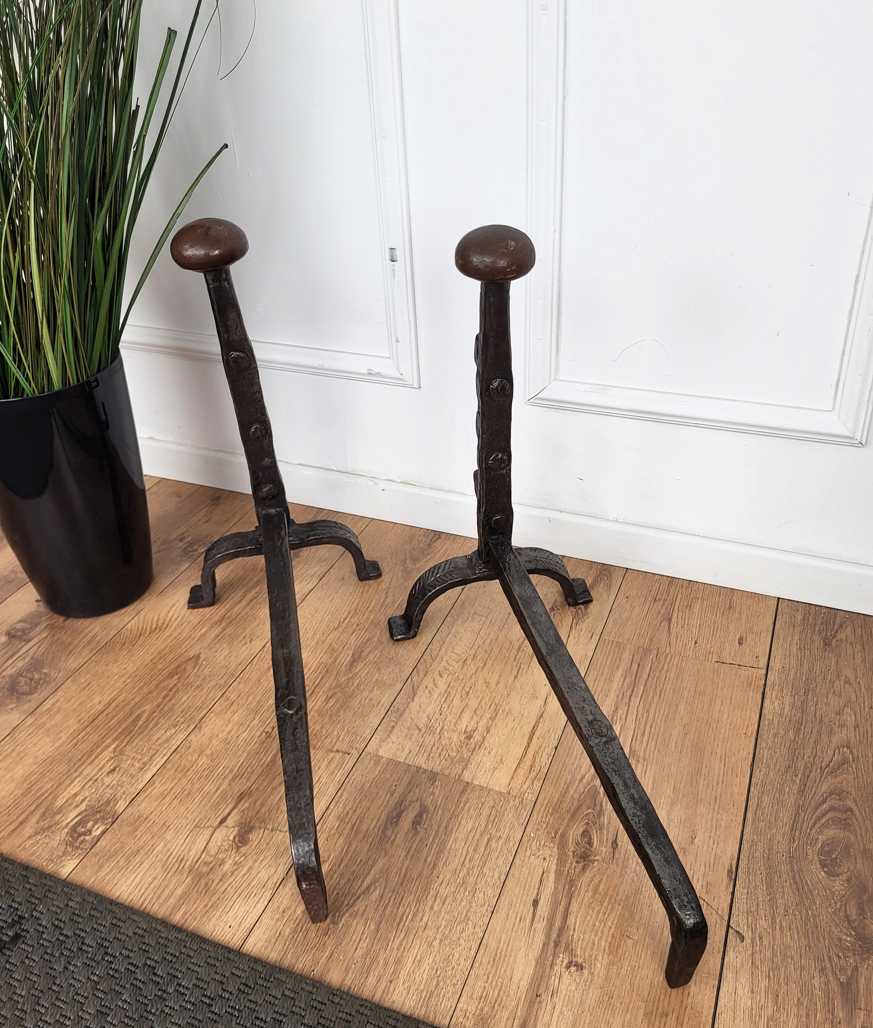 Pair of Antique Italian Wrought Iron Andirons Fireplace Log Holder For Sale 2