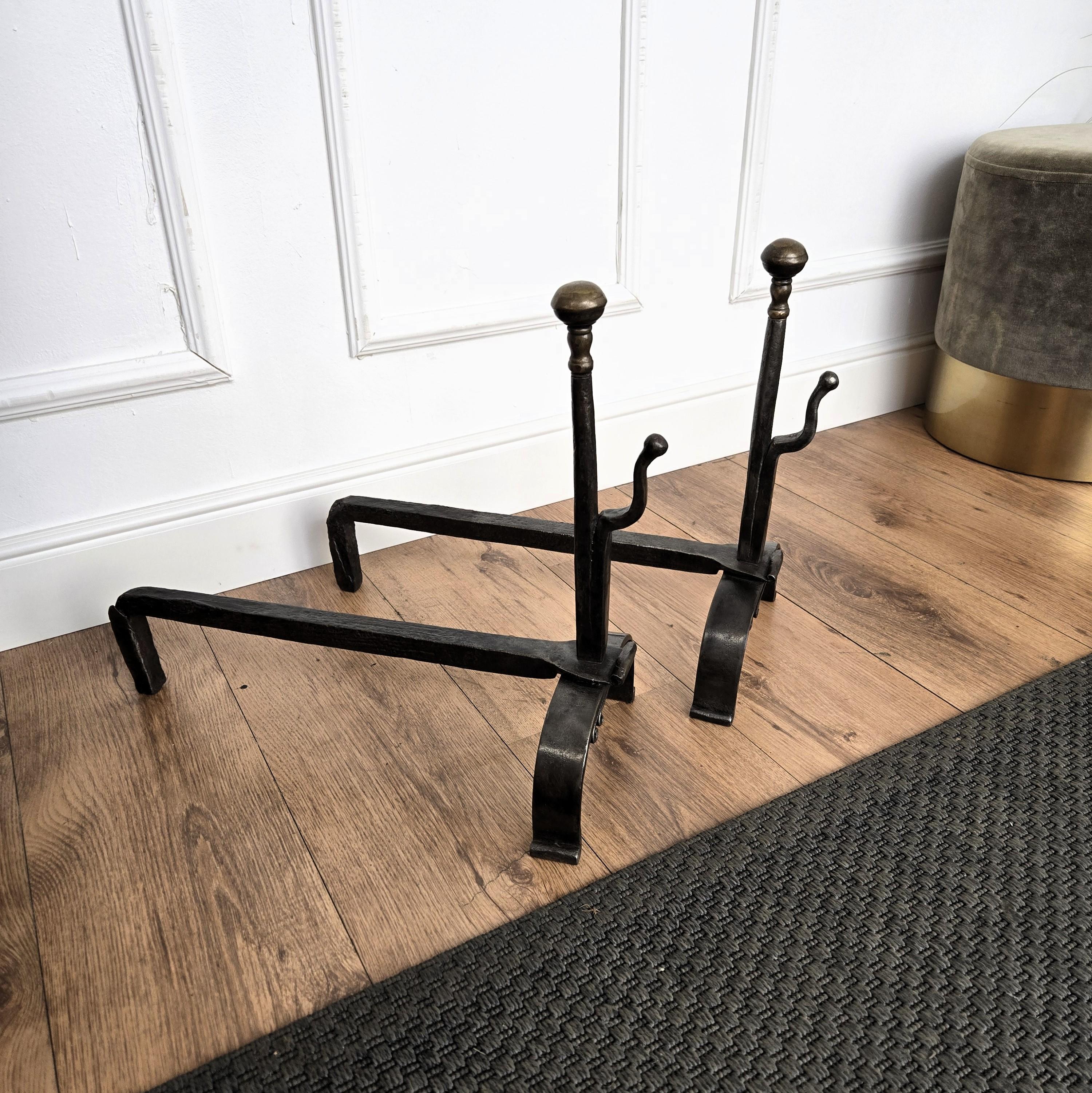 Pair of Antique Italian Wrought Iron Andirons Fireplace Log Holder For Sale 2