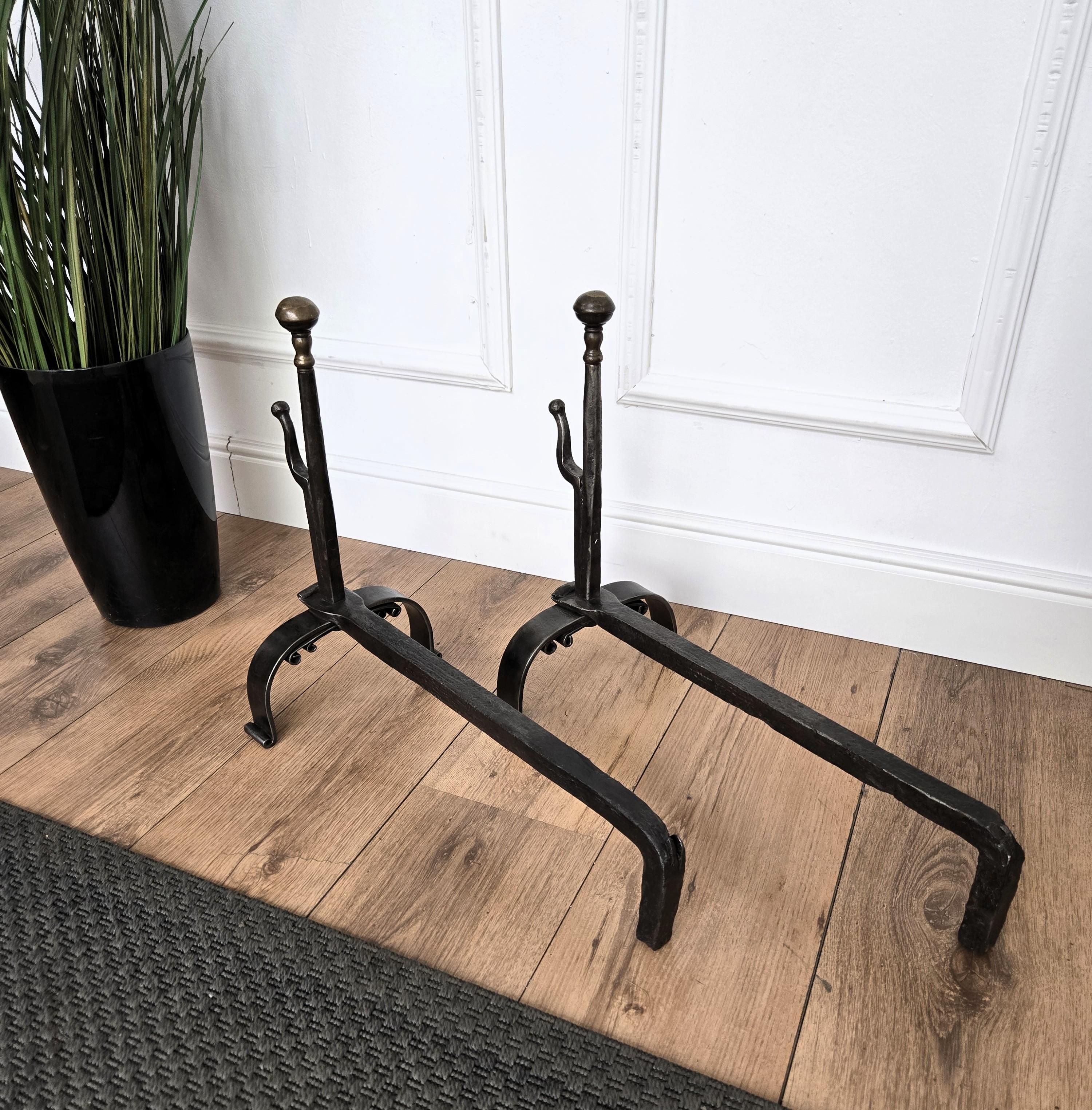 Pair of Antique Italian Wrought Iron Andirons Fireplace Log Holder For Sale 3