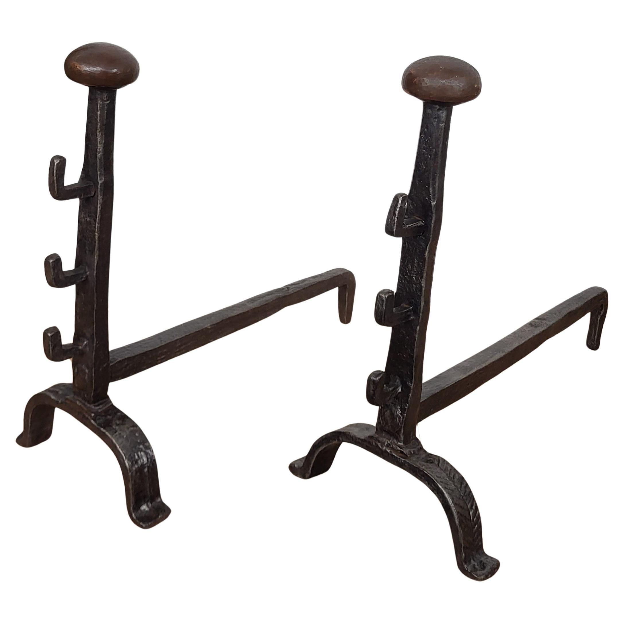 Pair of Antique Italian Wrought Iron Andirons Fireplace Log Holder For Sale