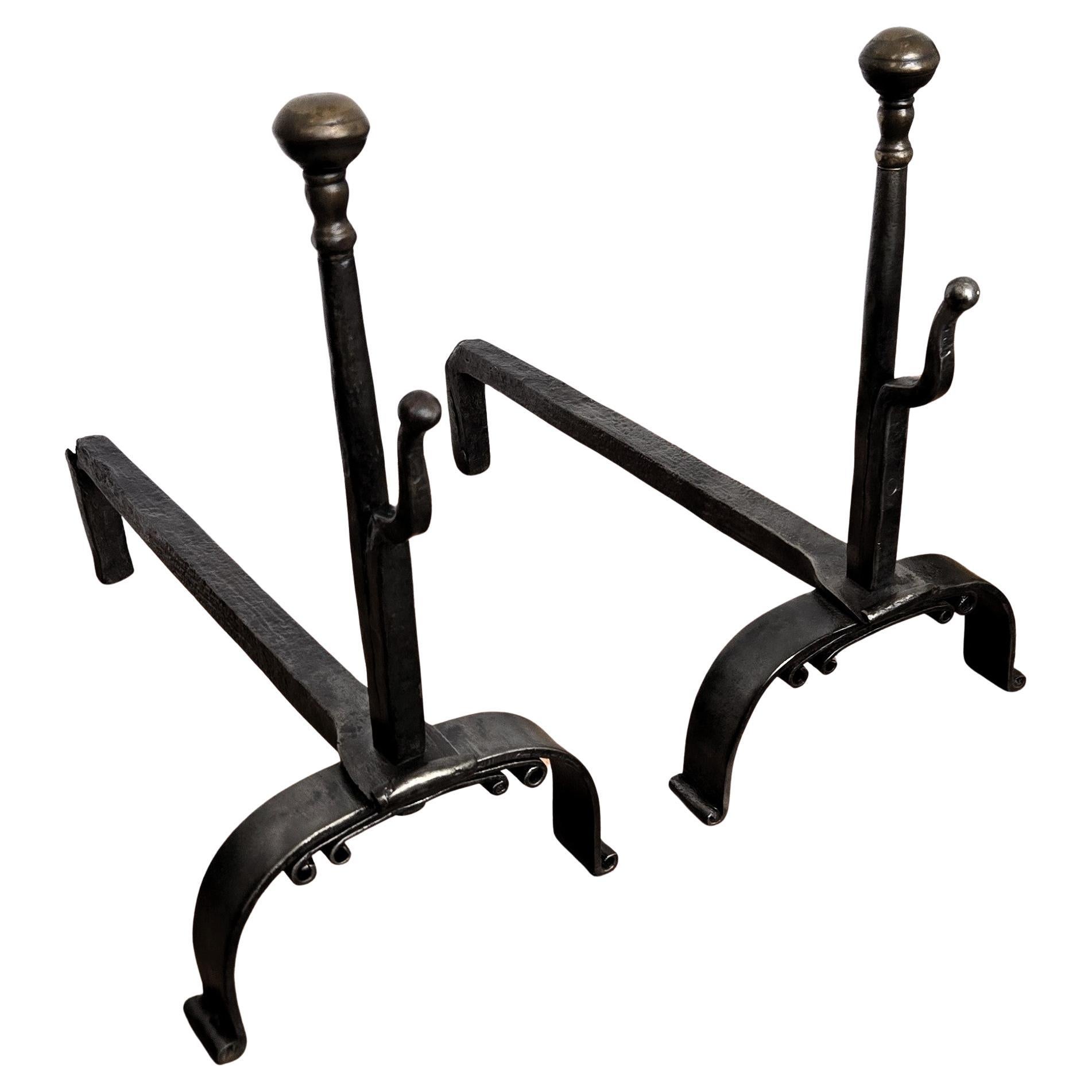 Pair of Antique Italian Wrought Iron Andirons Fireplace Log Holder For Sale