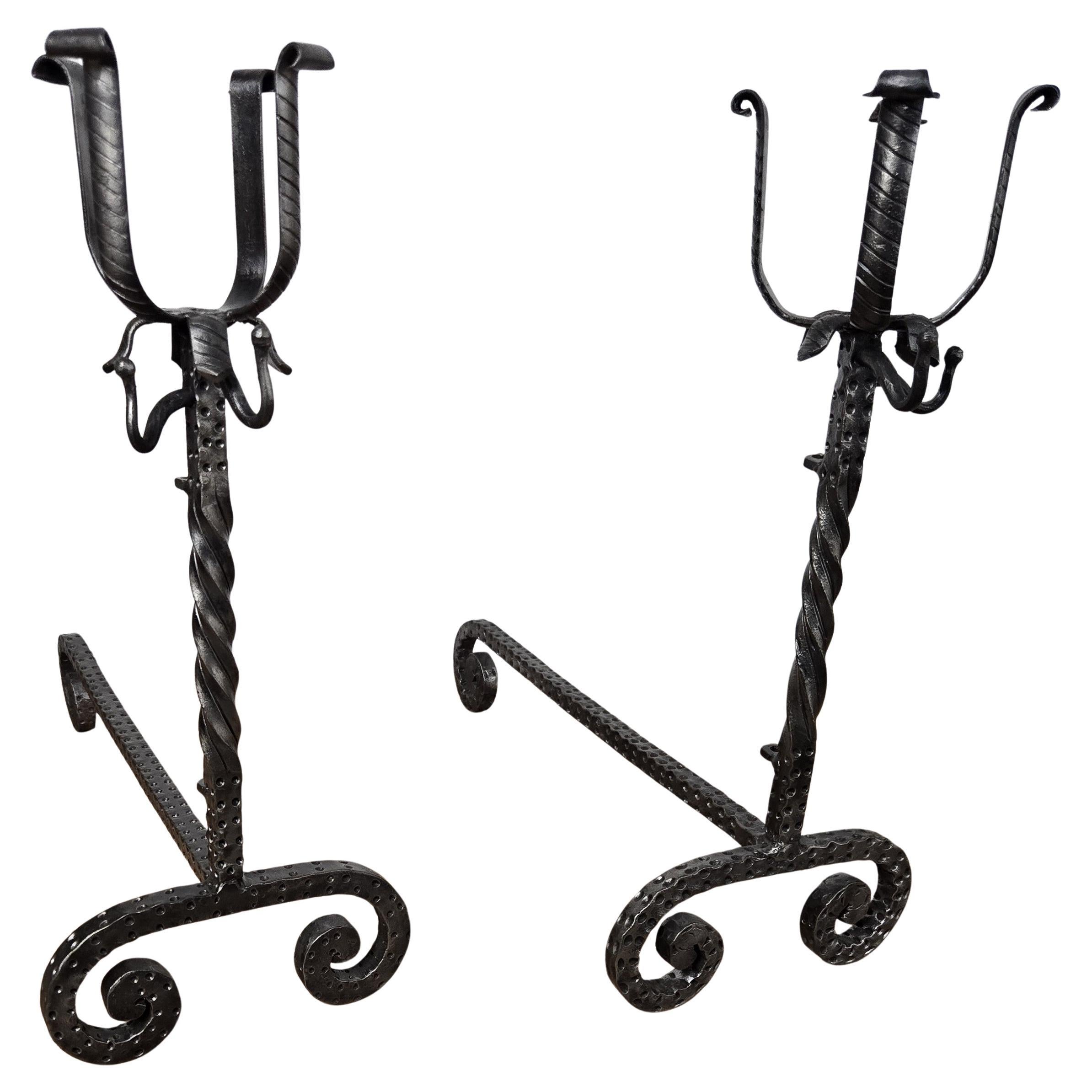 Pair of Antique Italian Wrought Iron Andirons Fireplace Log Holder
