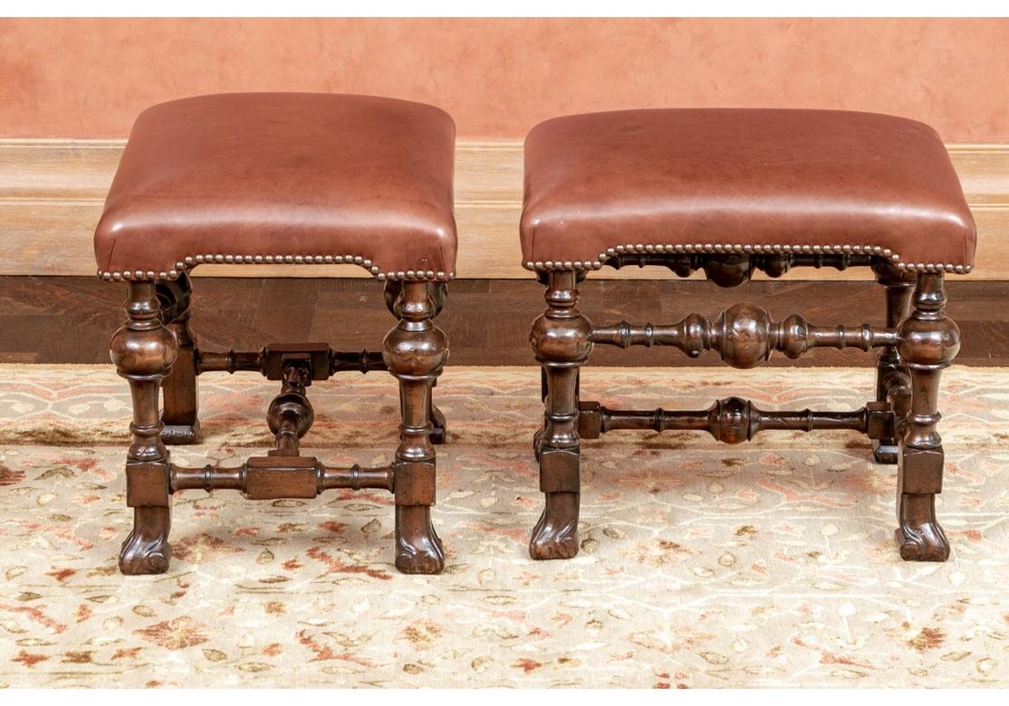 Pair of Antique Jacobean Style Stools with Leather Tops 9