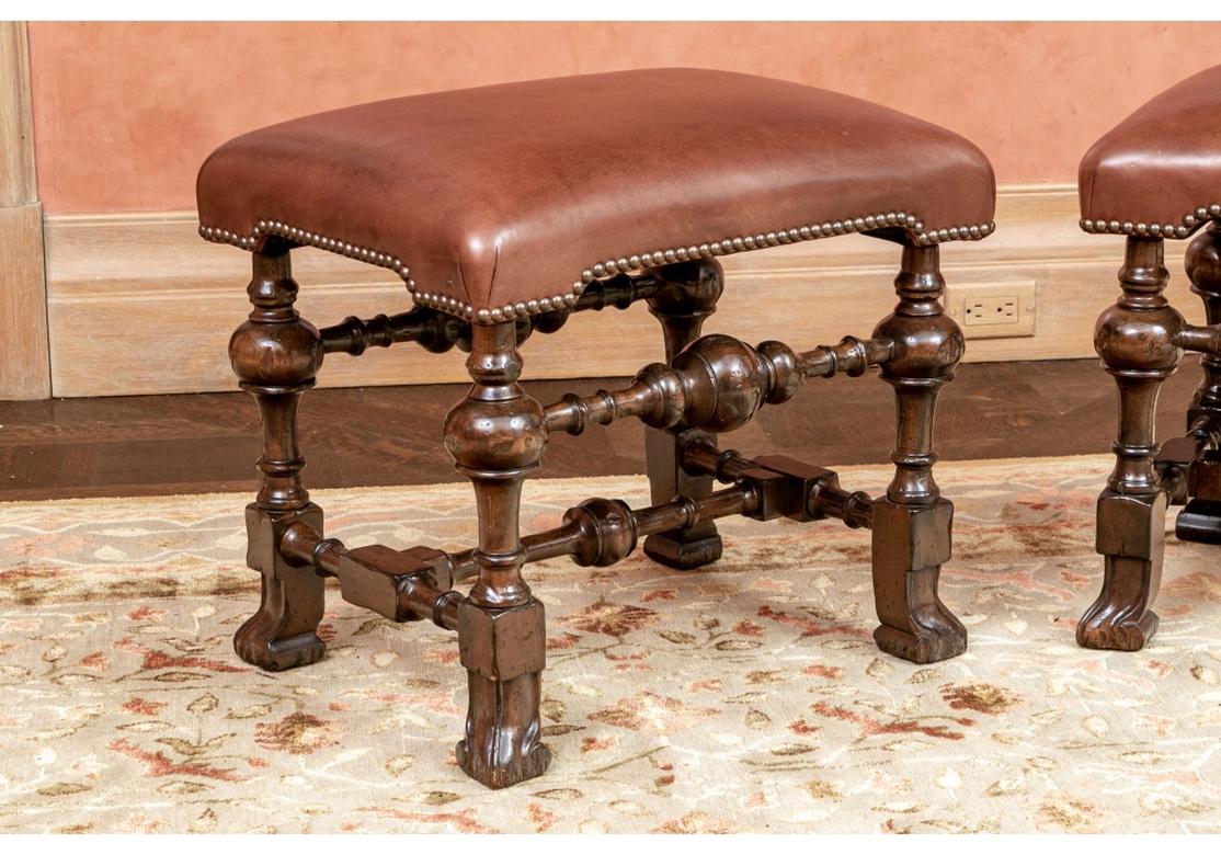Pair of Antique Jacobean Style Stools with Leather Tops 1