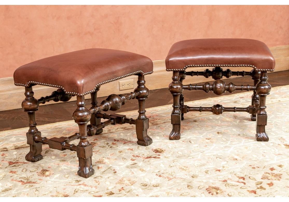 Pair of Antique Jacobean Style Stools with Leather Tops 5