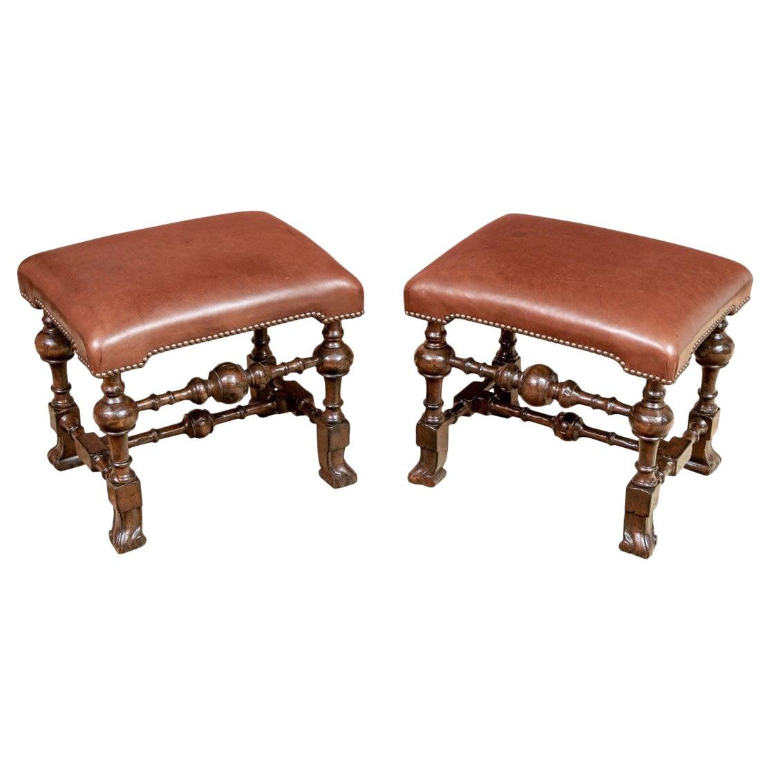 Pair of Antique Jacobean Style Stools with Leather Tops