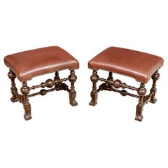 Pair of Antique Jacobean Style Stools with Leather Tops