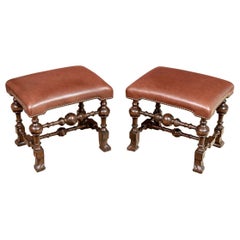 Pair of Antique Jacobean Style Stools with Leather Tops