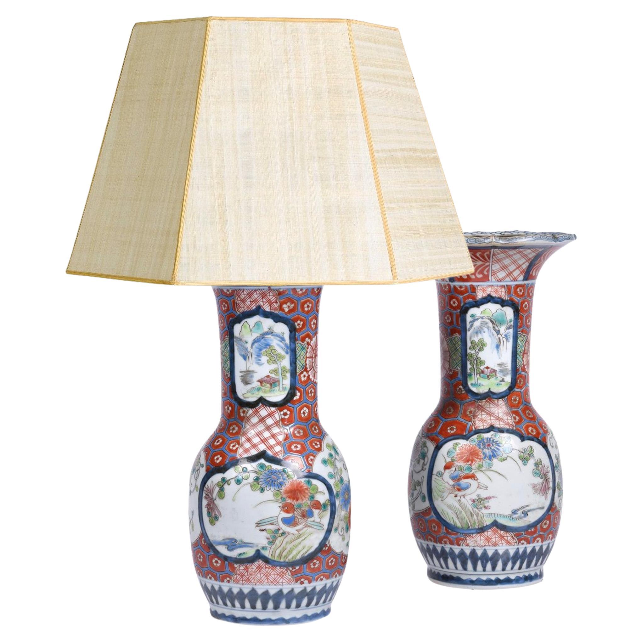 Pair of Antique Japanese Arita Imari Porcelain Vase Lamps For Sale
