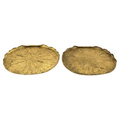 Pair of Antique Japanese Brass Figural Lily Pad Serving Trays