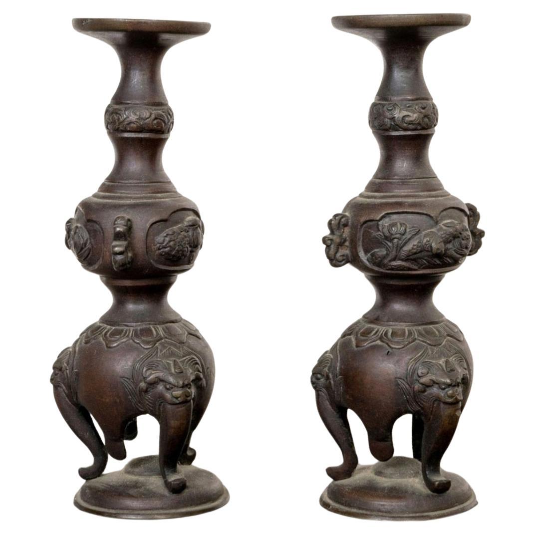 Pair of Antique Japanese Bronze Candlesticks / Incense Holders