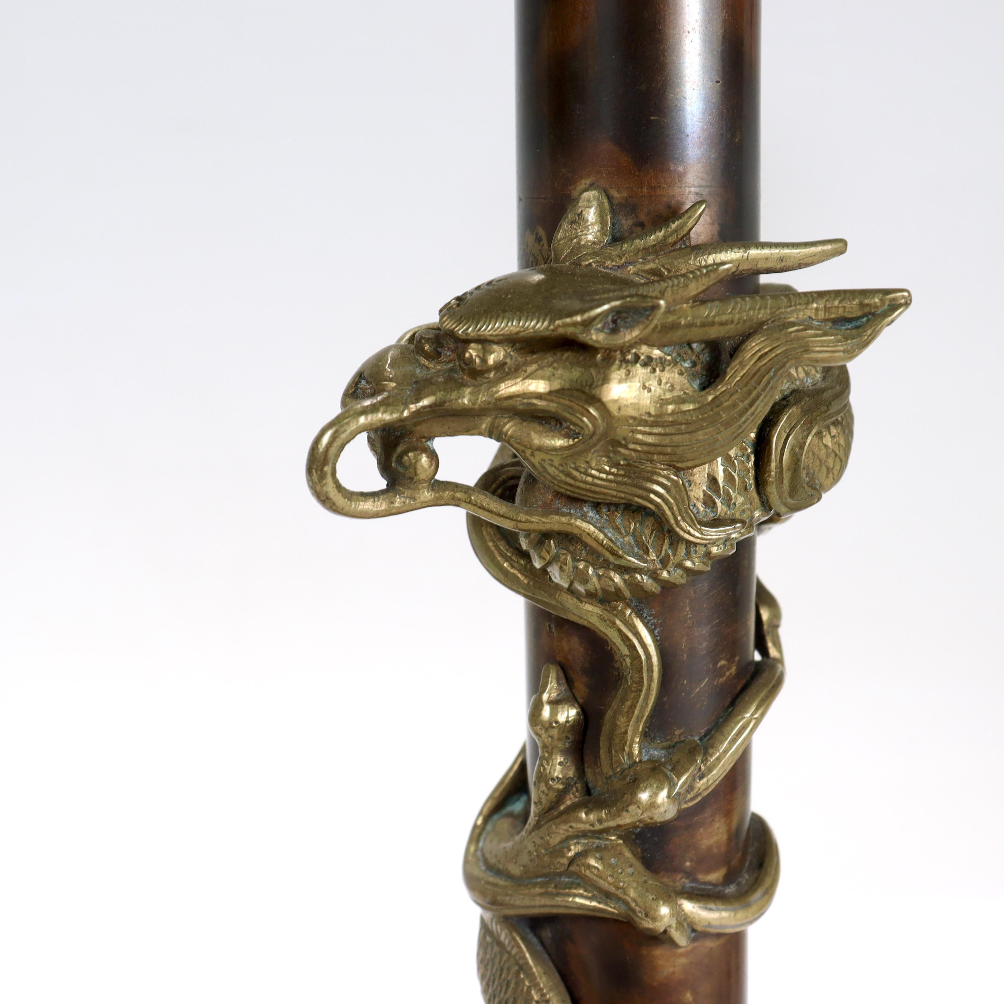 Pair of Antique Japanese Bronze Candlesticks with Coiled Dragons For Sale 5