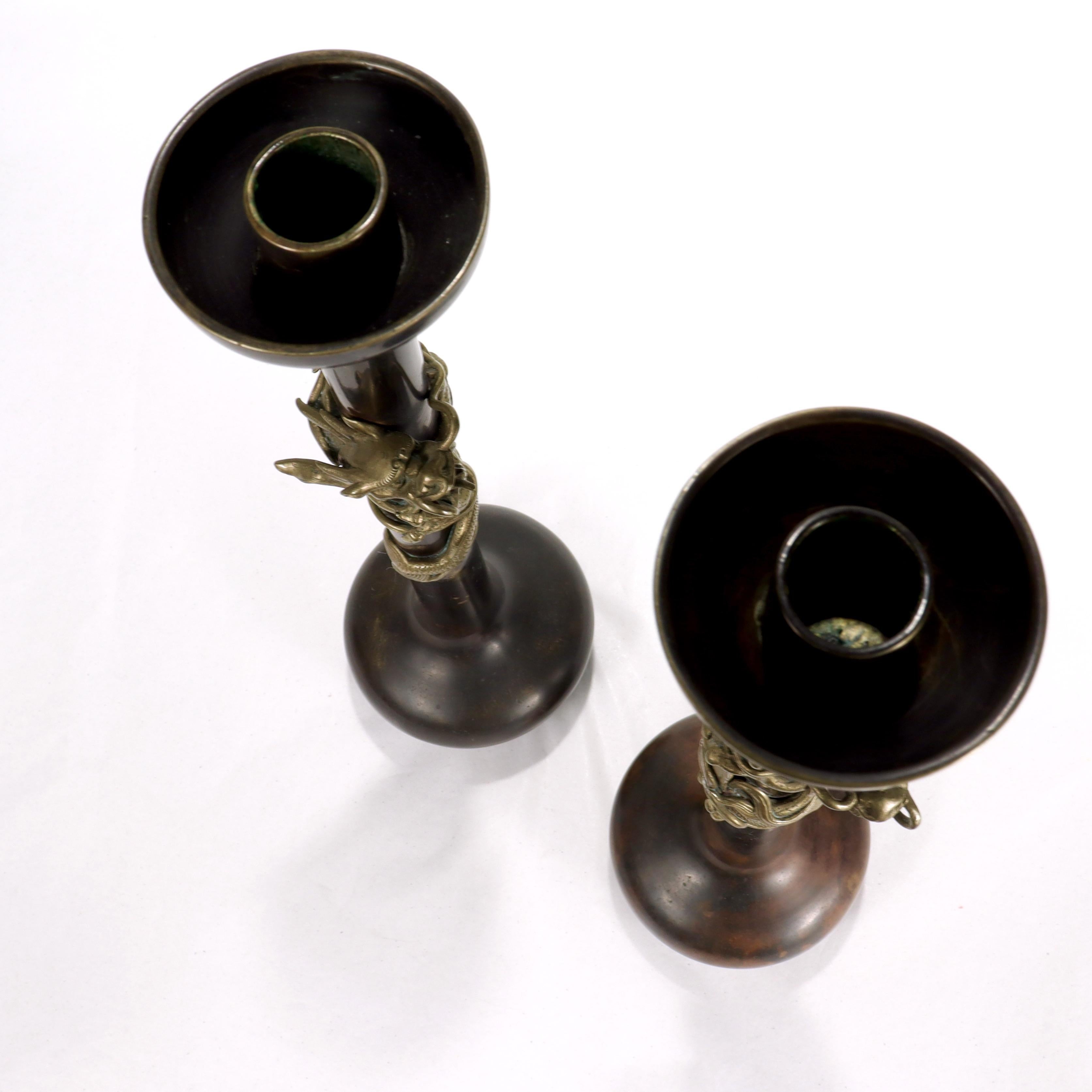 Pair of Antique Japanese Bronze Candlesticks with Coiled Dragons For Sale 7