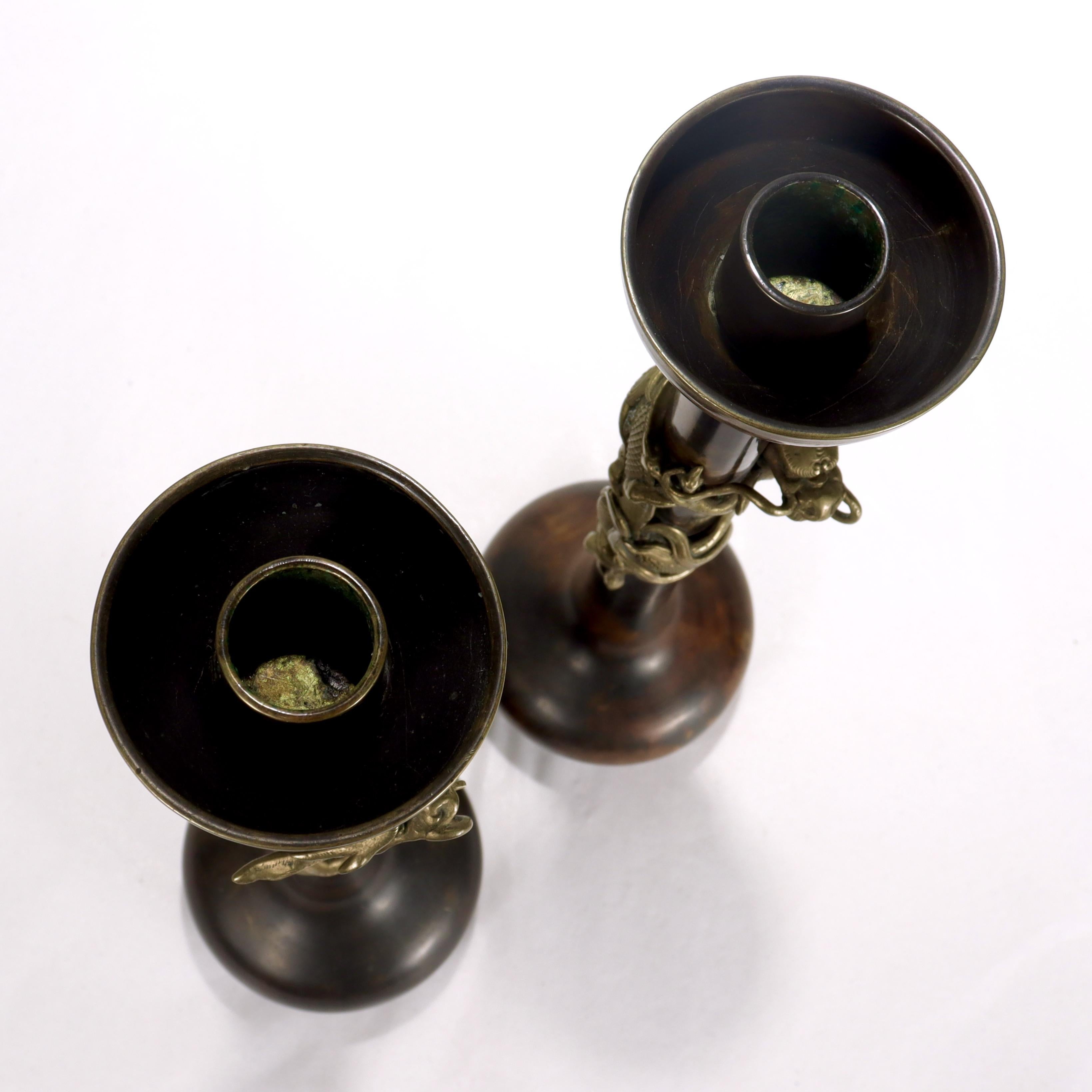 Pair of Antique Japanese Bronze Candlesticks with Coiled Dragons For Sale 8