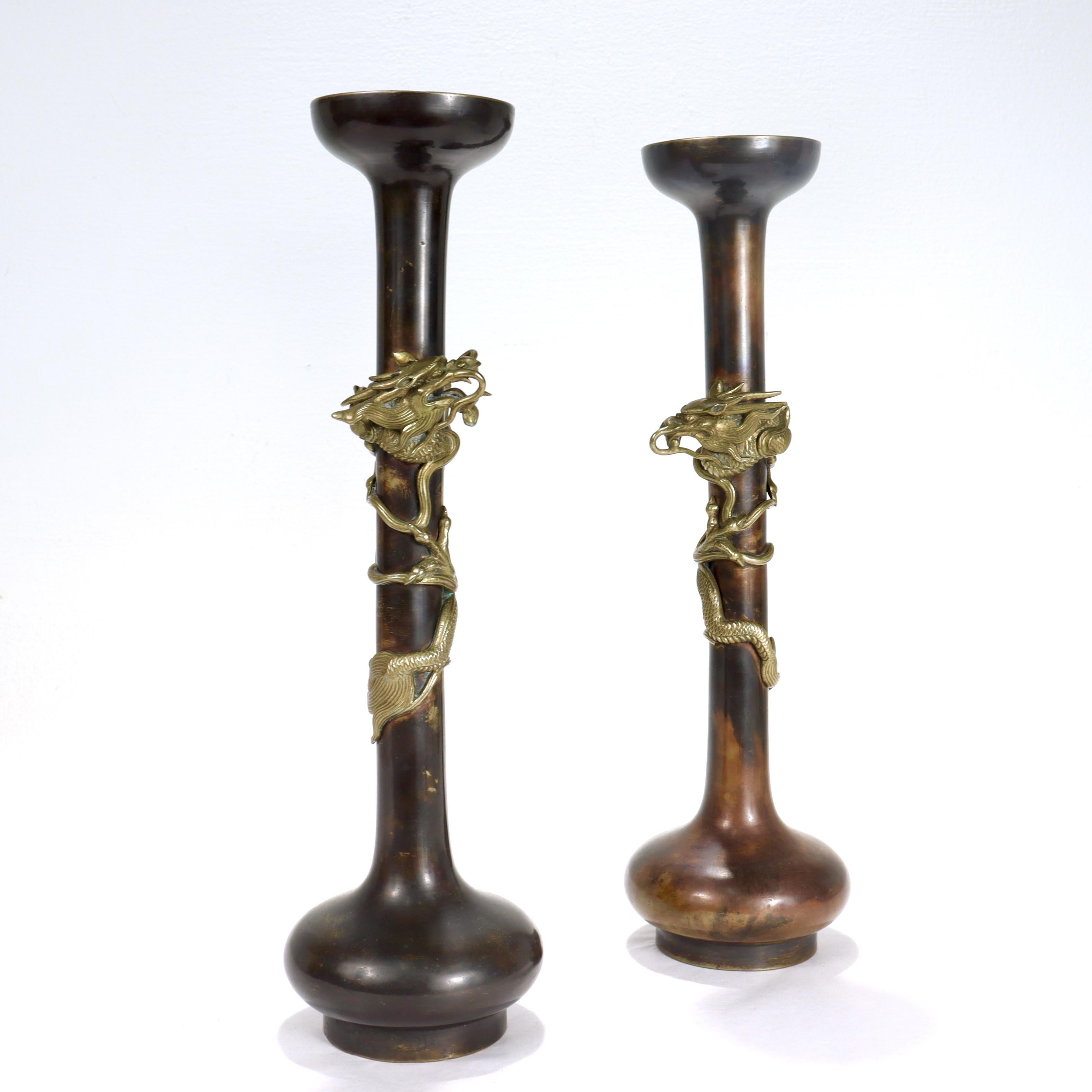 Meiji Pair of Antique Japanese Bronze Candlesticks with Coiled Dragons For Sale