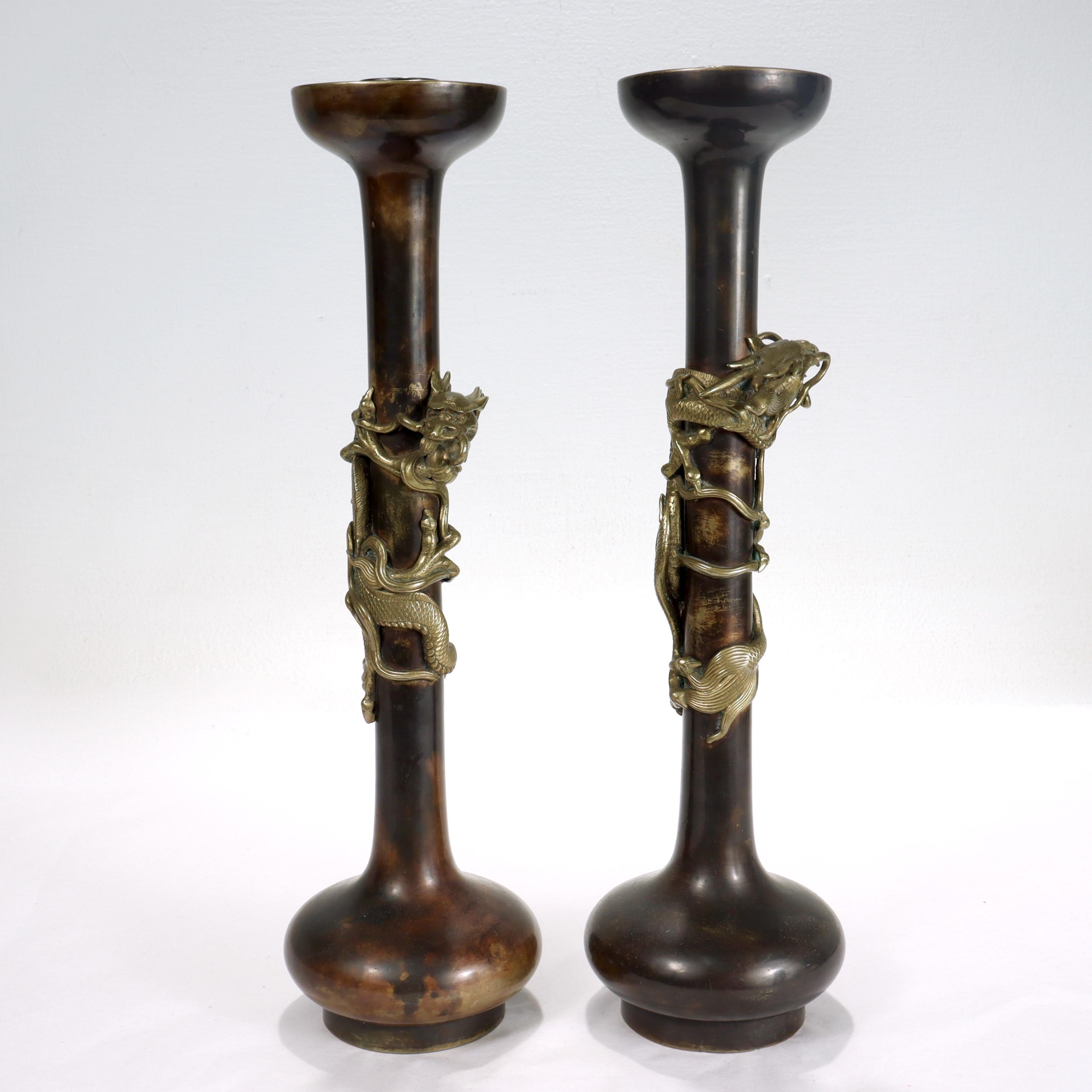 Pair of Antique Japanese Bronze Candlesticks with Coiled Dragons For Sale 1
