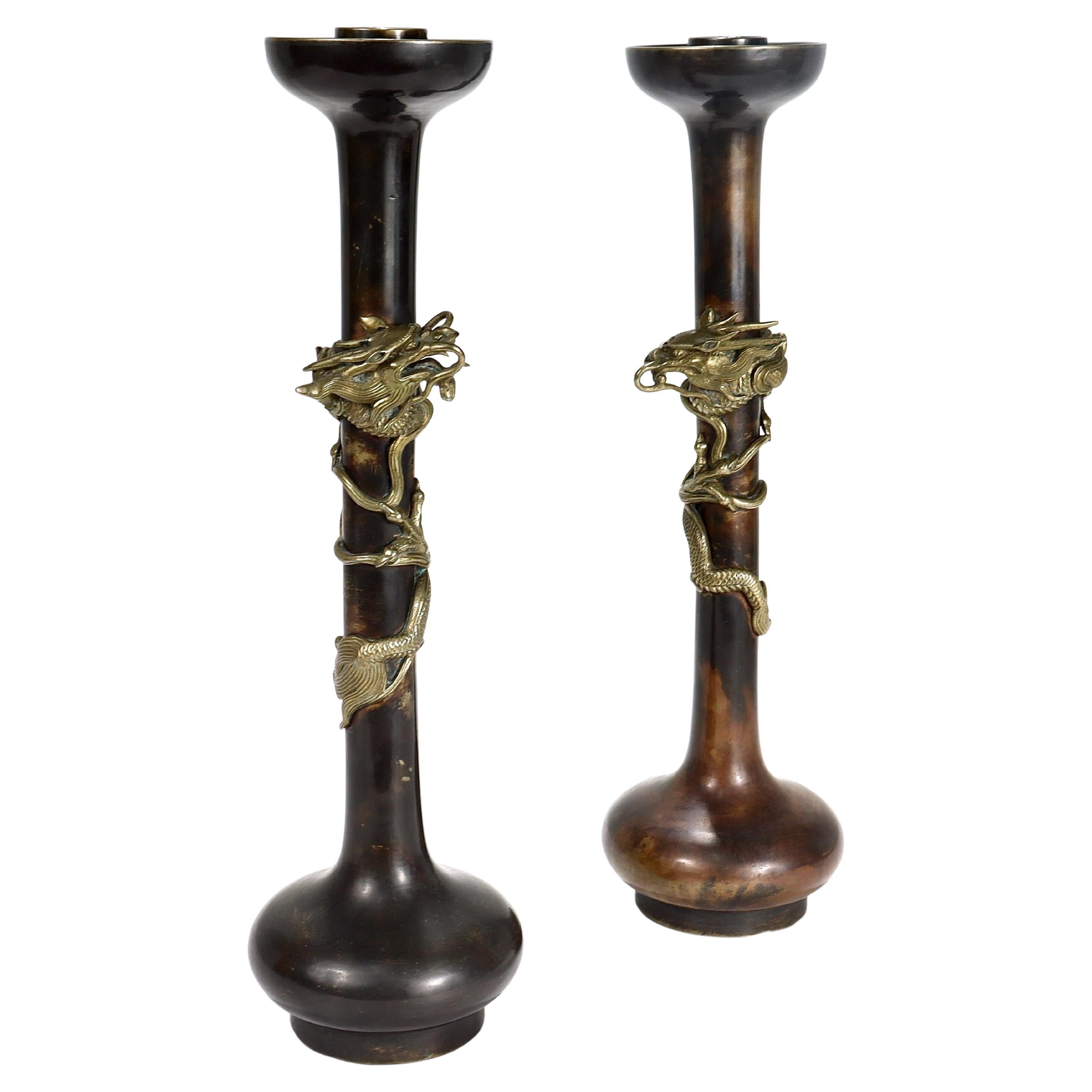 Pair of Antique Japanese Bronze Candlesticks with Coiled Dragons For Sale