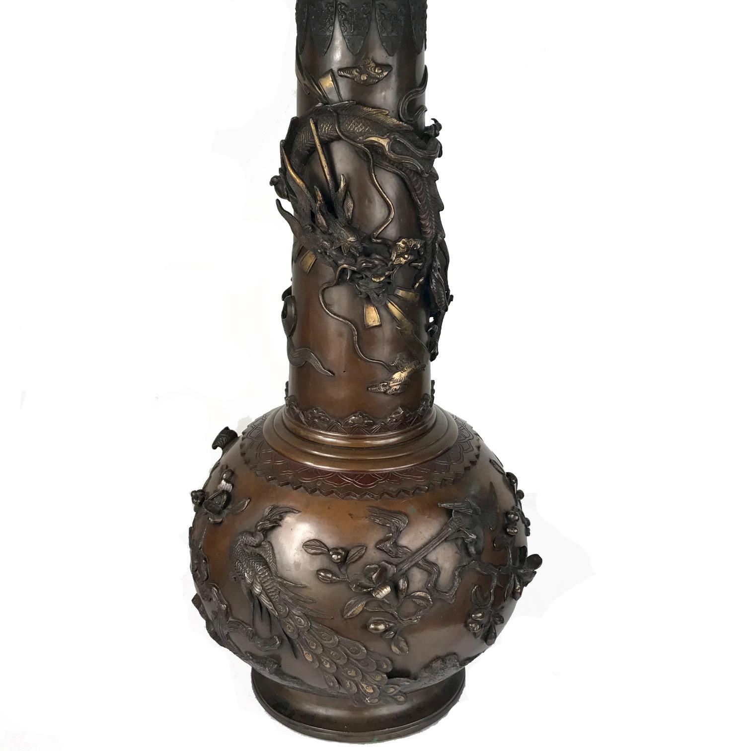 Cast Pair of Antique Japanese Bronze Urns, Now Mounted as Lamps For Sale